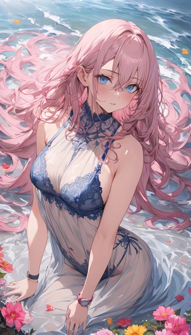 ( Absurd , high quality , Super detailed, Watch your hands )Constellation - Cancer Goddess , Similar to the goodness of Latin , intellectual, Crafty, Reasonable, Strong-willed face , mature , tenacious, Sulky, irritable, oppressive style , sea blue eyes(Eye details), Long Hair , Dark pink hair , Transparent dress , Lace Lingerie, In the sea of flowers , whole body , Innocent Makeup ,(最high quality、masterpiece、High resolution、Detailed)、(Detailed目、Beautiful Face),BREAK,anime、flat style