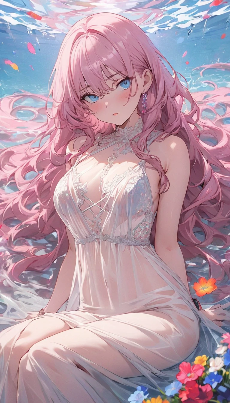 ( Absurd , high quality , Super detailed, Watch your hands )Constellation - Cancer Goddess , Similar to the goodness of Latin , intellectual, Crafty, Reasonable, Strong-willed face , mature , tenacious, Sulky, irritable, oppressive style , sea blue eyes(Eye details), Long Hair , Dark pink hair , Transparent dress , Lace Lingerie, In the sea of flowers , whole body , Innocent Makeup ,(最high quality、masterpiece、High resolution、Detailed)、(Detailed目、Beautiful Face),BREAK,anime、flat style