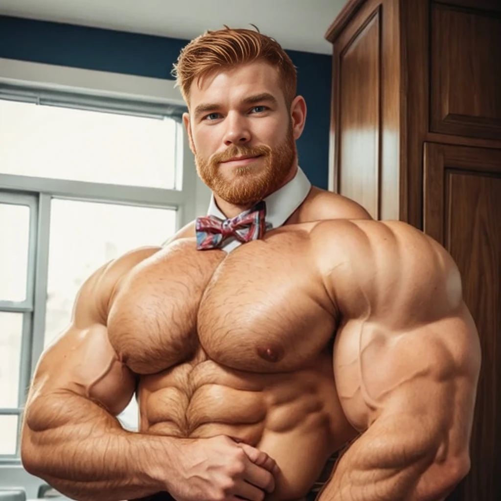 (perfect man:1.5), ginger, slight beard, hairy, vascular, realistic, posing, muscle god, flirting, soft smile, bowtie