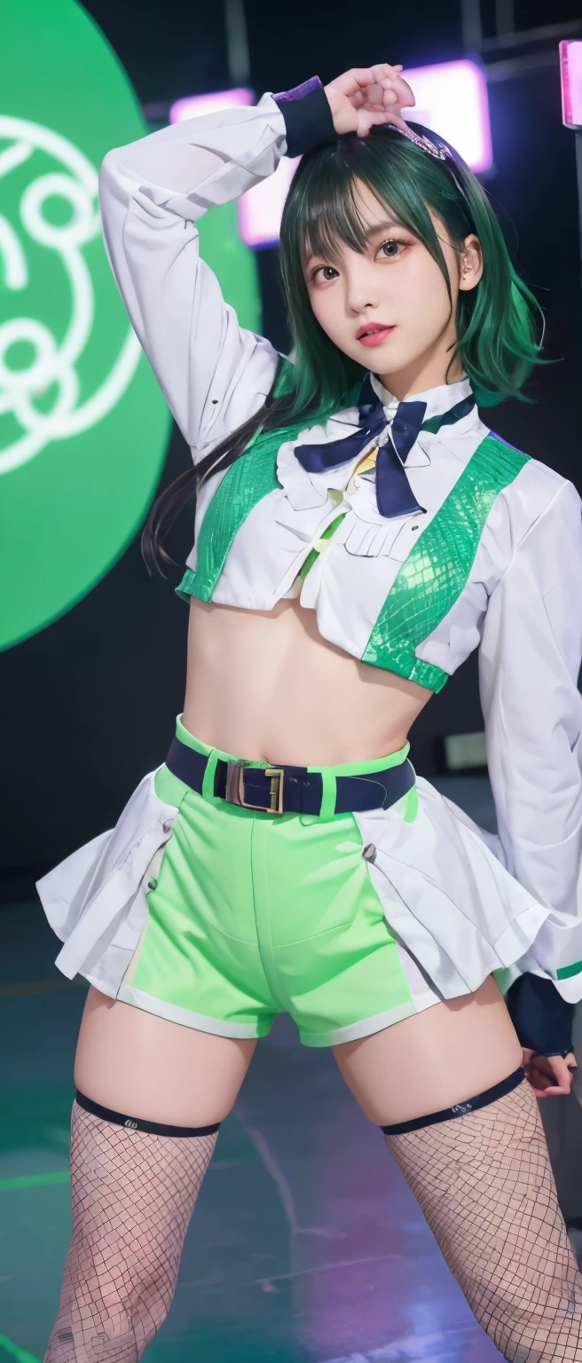 cyber idol girl、whole body、Good style、、、、White and fluorescent green tight shorts costume、、Fishnet tights、、　colorful hair、Gorgeous belt、Cyber City