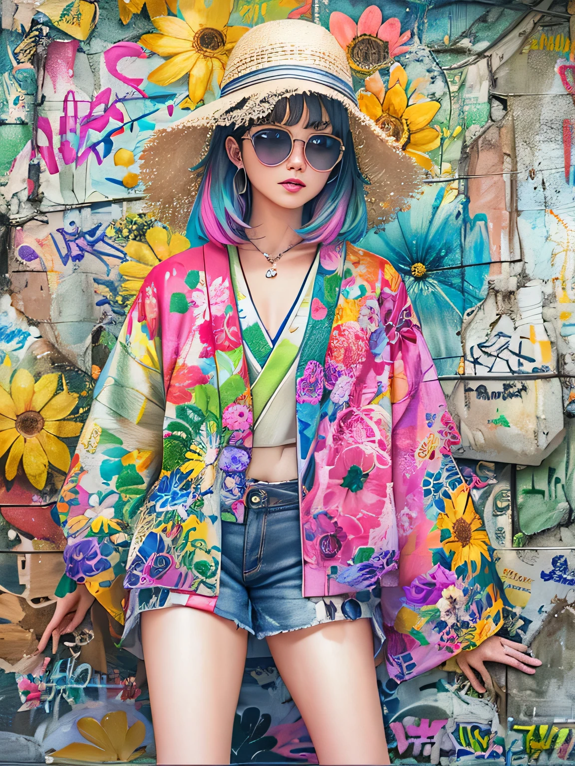 8K quality, watercolor painting, stylish design, (((The strongest beautiful girl of all time))), (((Japanese)))、Idol、clear, Stylish sunglasses, Fashionable hats, (((highest quality))), bob hair, HDR, ((Detailed details)), stylish fashion, detailed clothing texture, (((graffiti art))), colorful hair, ((masterpiece))、((Super detailed))、(((colorful flowers)))