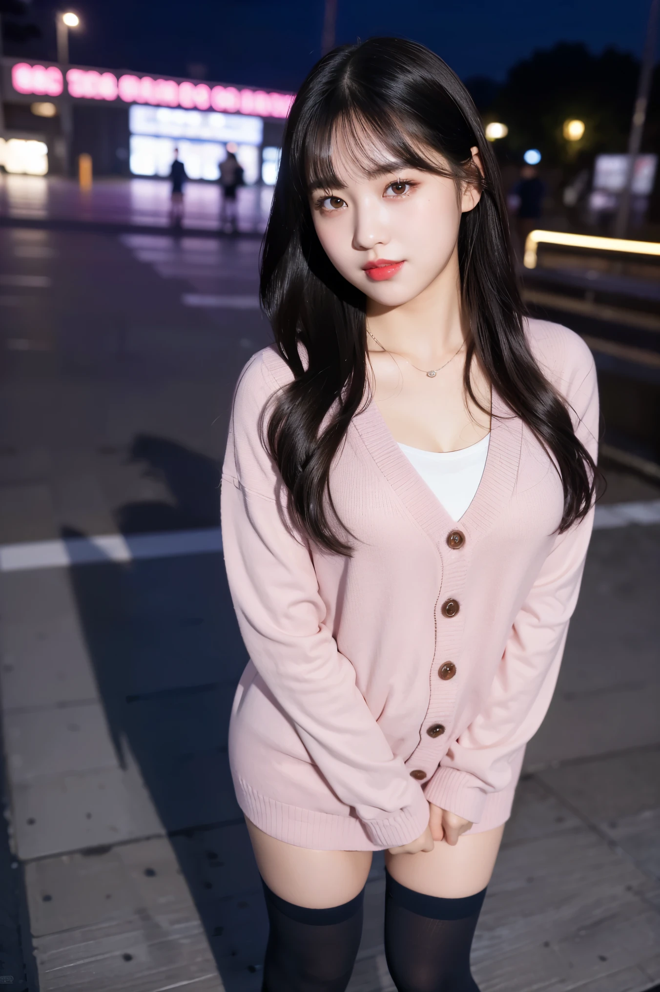 (8k), (highest quality: 1.2), (Realistic), (Realistic: 1.37), Ultra-high resolution, (1 girl, cute, smile, Mouth closed, Thick lips,Red lips,Beautiful details, Beautiful Nose, (Straight black hair), Giant Dulcefo, Self Snap,(school uniform),(Pink Cardigan),White shirt,tie,Check Pleated Skirt,(Blue knee-high socks),Standing in the city at night, From above,Face close-up,Thin Necklace,(Medium Shot:1.2),