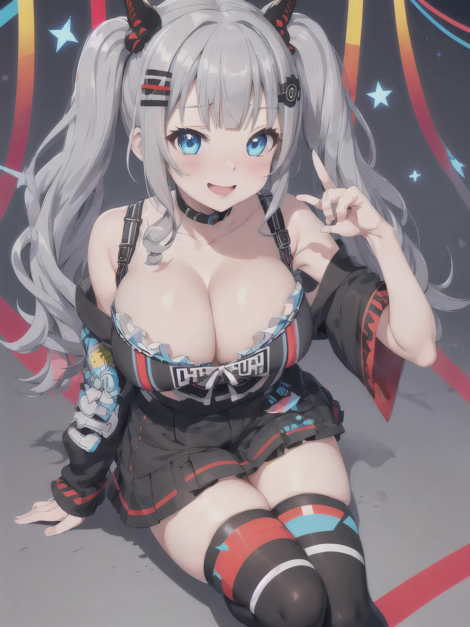 Kaguya Luna、High resolution、dark color depiction、Virtual YouTuber、One Girl、solo, Red knee socks, Short pigtails, blue eyes, hair ornaments, Cleavage、No sleeve、Hair Clip、Gray Hair、Grey Hair、Black clothing、Red Belly Band、blush、Big Breasts、Sexy pose、Naughty gestures、smile