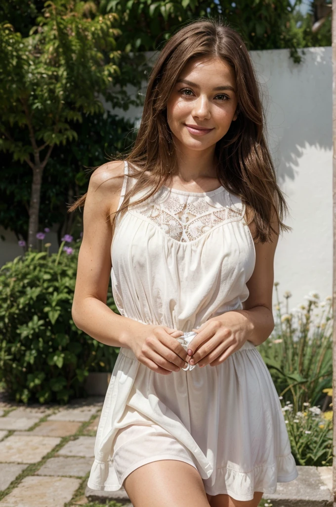 influencer style, photorealistic image, beautiful girl, 26 years old, brown hair, front locks of hair slightly lighter, light brown eyes, classy, 4k, high resolution, high quality, dimples, small wrinkles to look like a real person, white skin, french-german, natural photo, iphone selfie, discrete smile, purple dress, in a garden, during summer, with a drink