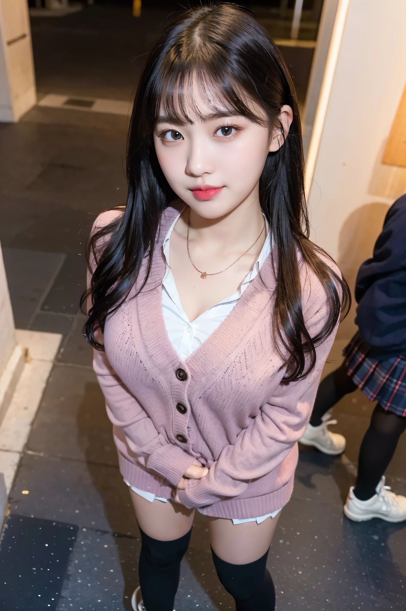 (8k), (highest quality: 1.2), (Realistic), (Realistic: 1.37), Ultra-high resolution, (1 girl, cute, smile, Mouth closed, Thick lips,Red lips,Beautiful details, Beautiful Nose, (Straight black hair), Giant Dulcefo, Self Snap,(school uniform),(Pink Cardigan),White shirt,tie,Check Pleated Skirt,(Blue knee-high socks),Standing in the city at night, From above,Face close-up,Thin Necklace,(Medium Shot:1.2),