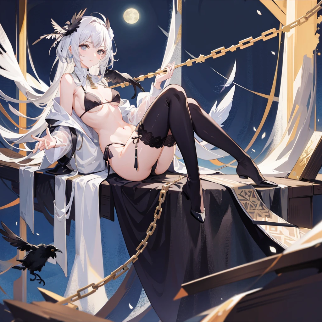 (masterpiece), (best quality), full body,simple background,sitting,
1girl,shiny hair,white hair,feather hair ornament, white cloak, ((see-through)),navel,light smile,
plant, flower, full_moon,detective theme,((black legwear)), ((crow)),chains,ruins,
1girl, in flower,black_bikini,1girl in flower ,navel,