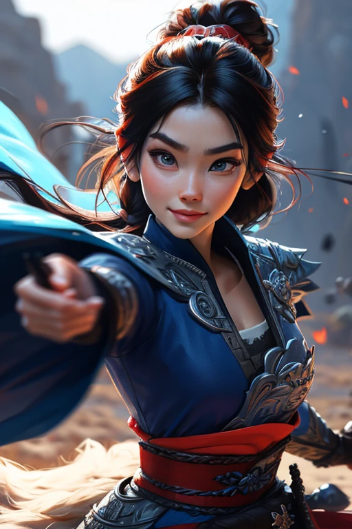 Elsa-Mulan Fusion, Fusionando modelos, derritiendo, Ropa Mulan, 1 chica, hermoso, personaje, mujer, femenino, (parte maestra:1.2), (mejor calidad:1.2), (solo:1.2), ((pose de pelea)), ((campo de batalla)), cinematographic, ojos perfectos, piel perfecta, Perfect lighting, smile, luz, cor, piel texturizada, detalle, Belleza, preguntarse, ultra detallado, cara perfecta