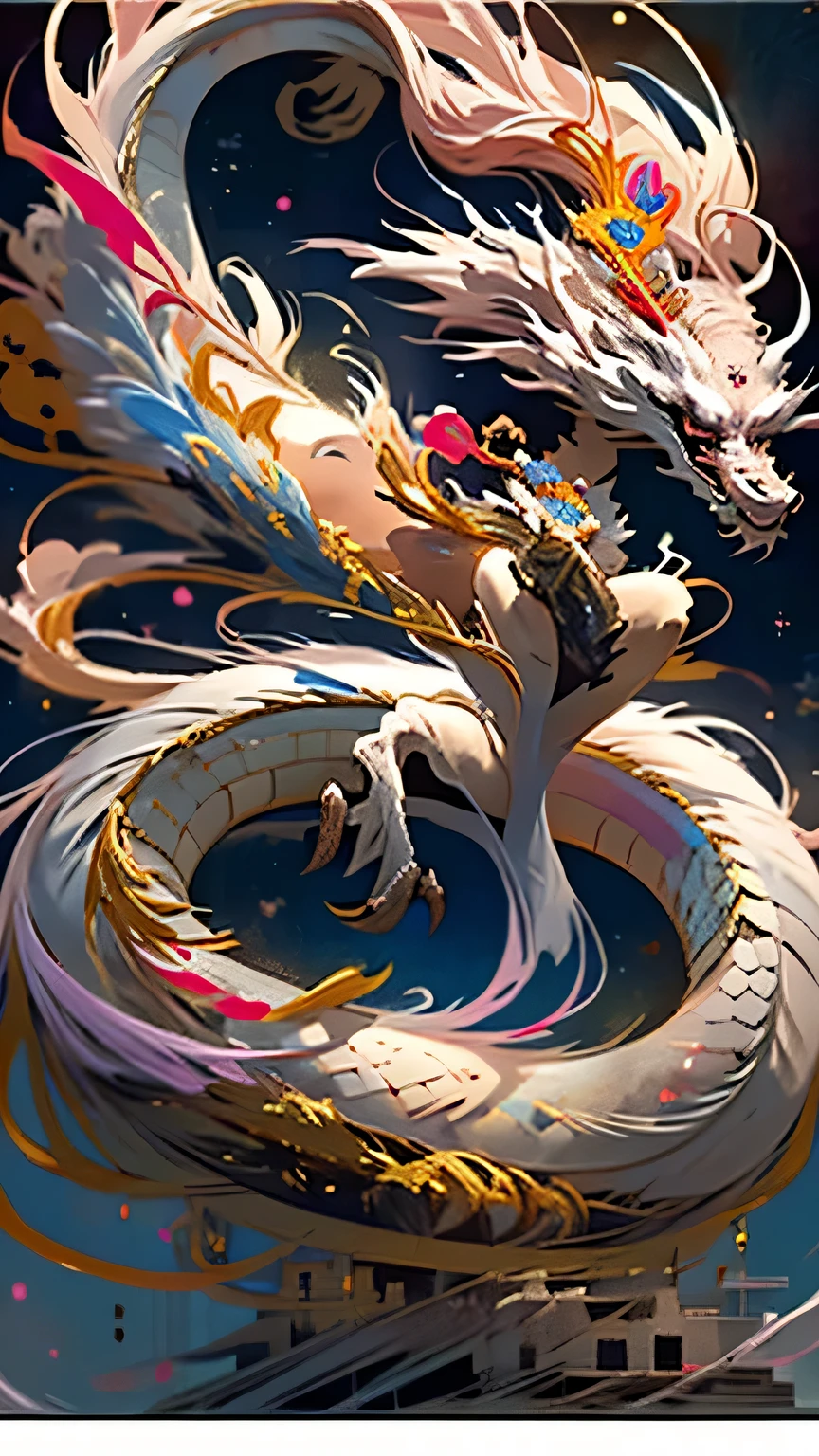 Golden Dragon。Rainbow glowing scales。龍god降臨。Golden Splash、milky way、god々々right、(((Girl standing on the back of a dragon)))、masterpiece, (((highest quality))), (((High resolution))), {Detailed and beautiful eyes}, finely,  Detailed and beautiful eyes,  (Hair Ribbon:0.4), Pink Eyes,Cinematic Angles,perspective,(((White bun hair))),(((Long pink hair))),whole body,Kunimi Tama、