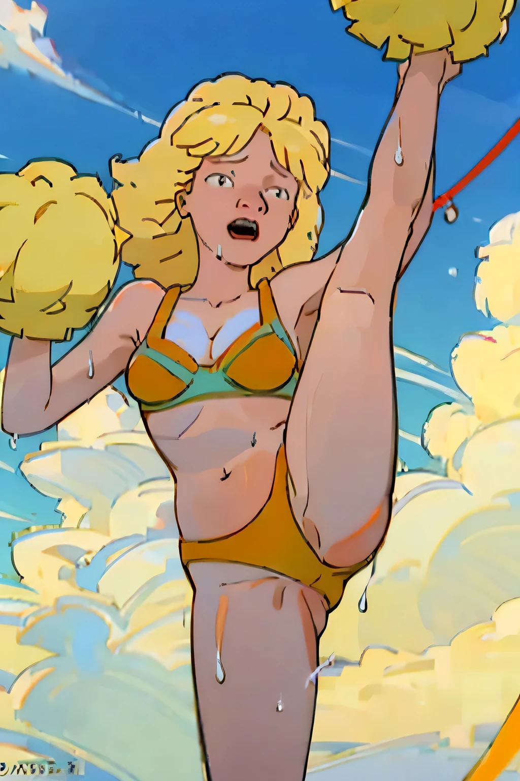 Luanne platter, blonde hair, detailed eyes, orange bikini, slim body, thin legs, ((highest quality)), ((masterpiece)), (be familiar with), perfect face, 、Cheerleader、raise one leg high、((wet body, wet hair ))There are many spectators、painful expression、string, perfect anatomy, one leg up,