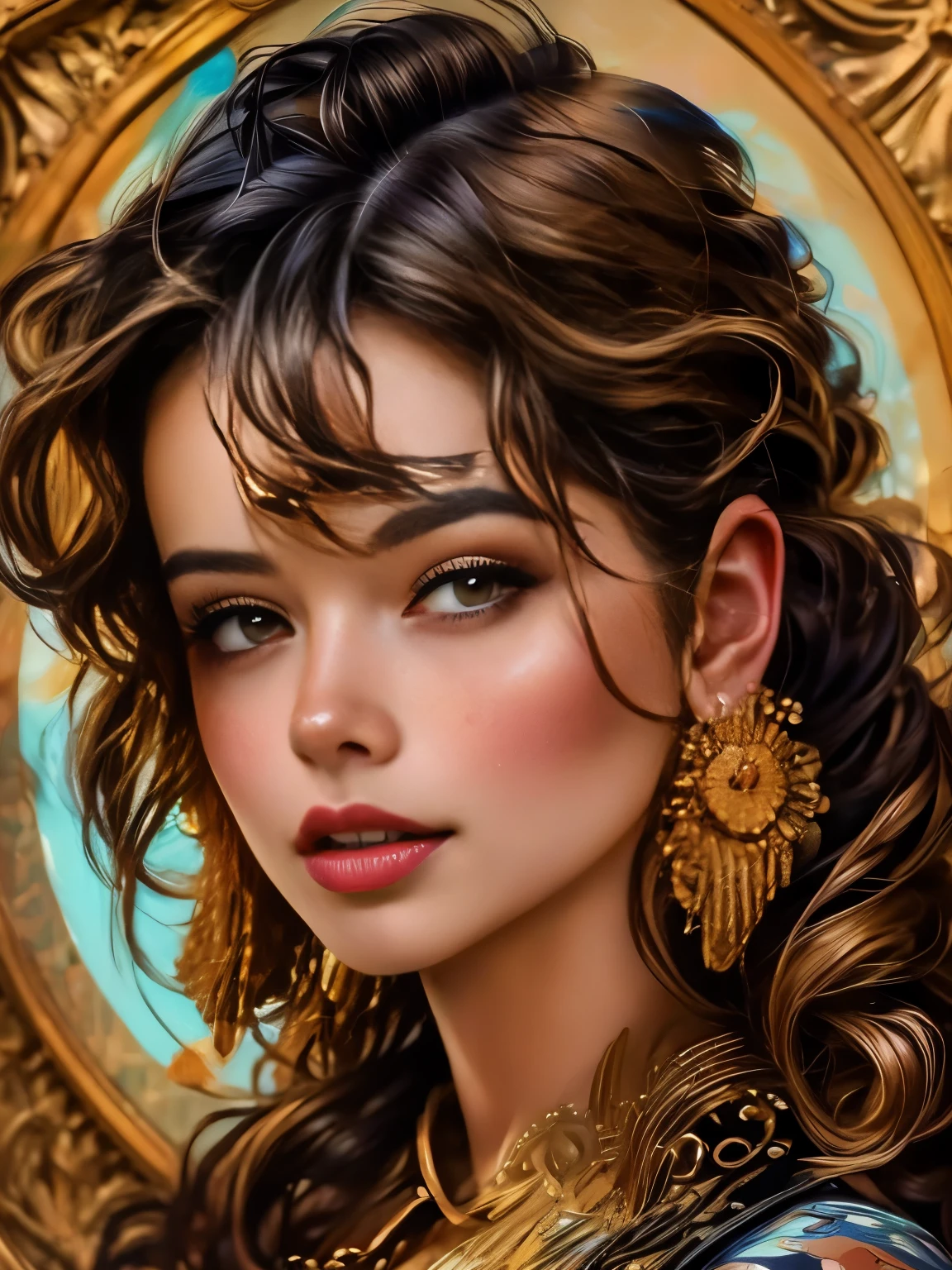 A girl with beautiful brown eyes and black wavy hair, wearing belviso style, is the main subject in this portrait. She has a warm smile on her lips and freckles on her face, giving her a youthful and charming appearance. The artwork aims to be realistic and detailed, capturing every intricate feature of the girl's face. The focus is on her expressive eyes and lips, which are both extremely detailed and captivating. The girl is depicted alone, looking directly at the viewer, creating a sense of intimacy and connection. The overall image quality is of the highest standard, with a resolution of 4k or 8k, showcasing the artwork as a masterpiece. The lighting is carefully designed to highlight the girl's features and complement the composition. The color tone is vibrant and vivid, adding to the overall aesthetic appeal. This portrait combines elements of both classic and modern art styles, resulting in a captivating and memorable artwork.