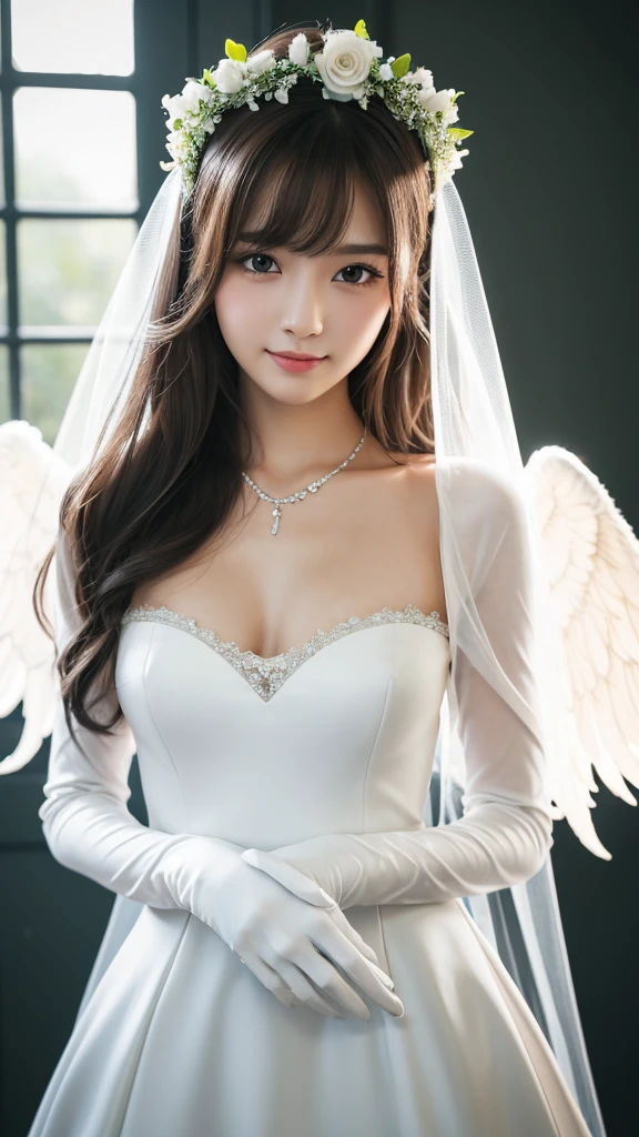 ((Large Breasts:1.3))In front of the stained glass in the church、8k、Real Photo、超A high resolution, Master Parts, highest quality, Hmph , Cinematic images,Nice girl、Ann、16age、Annグロサクソン、Green Eyes、double eyelid、very droopy eyes、(very, very大きな目:1.8)、Dark eyeshadow、The lips are very thin、The tip of the nose grows beautifully........、Small nose tip,,,,, Very detailed , Golden Hair、Straight hair、very笑顔、 Sweet expression 、a very beautiful woman、Long legs、 Very sharp shadows , gem , Detailed eyes, very intricate, Glossy Skin , Perfect Great, Perfect lighting, Dramatic Shadows ,White tiara on head、Greek see-through white dress、The back of the dress is wide open、Small angel wings on the back of the shoulders、The dress has white lace on the chest and waist.、Under the dress is a white mini skirt、Lace white gloves、Holding a bouquet of white flowers in both hands、A white see-through veil visible from the back of the head、Silver necklace around the neck