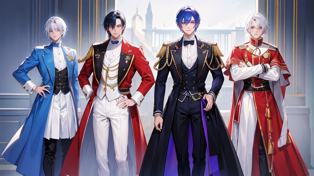 4 cool boys, boy with white hair and purple royal clothes, boy with blue hair and blue royal clothes, boy with black hair and red royal clothes, boy with red hair and red royal clothes, palace, 8k resolution