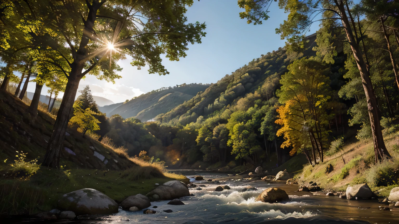 generate a beautiful natural background painting with steep hills high above a wide river and trees, using a low perspective and sunlight effects.
