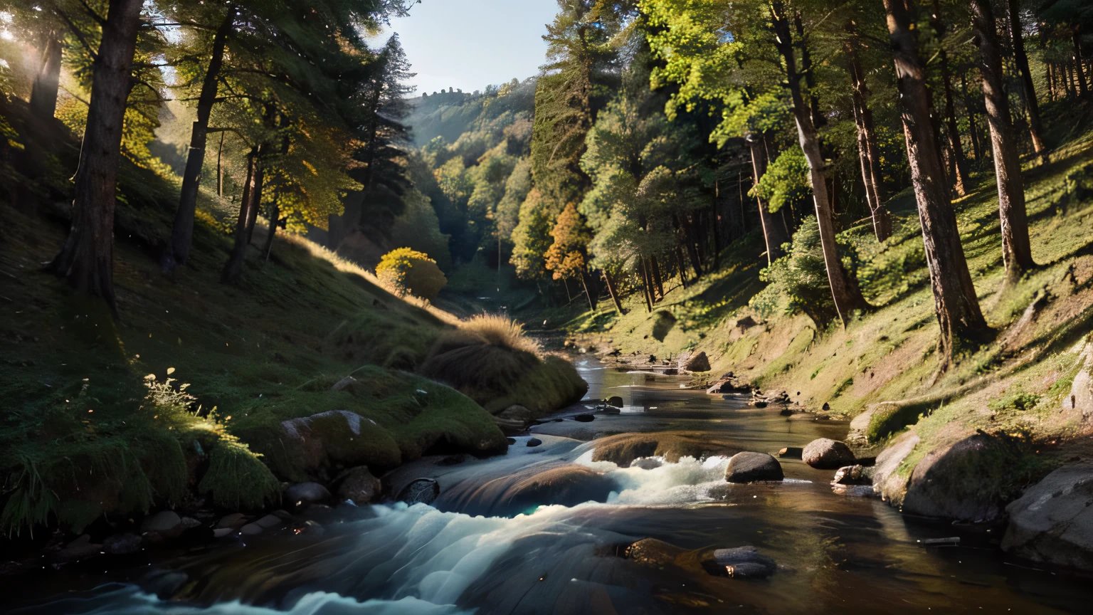 generate a beautiful natural background painting with steep hills high above a wide river and trees, using a low perspective and sunlight effects.