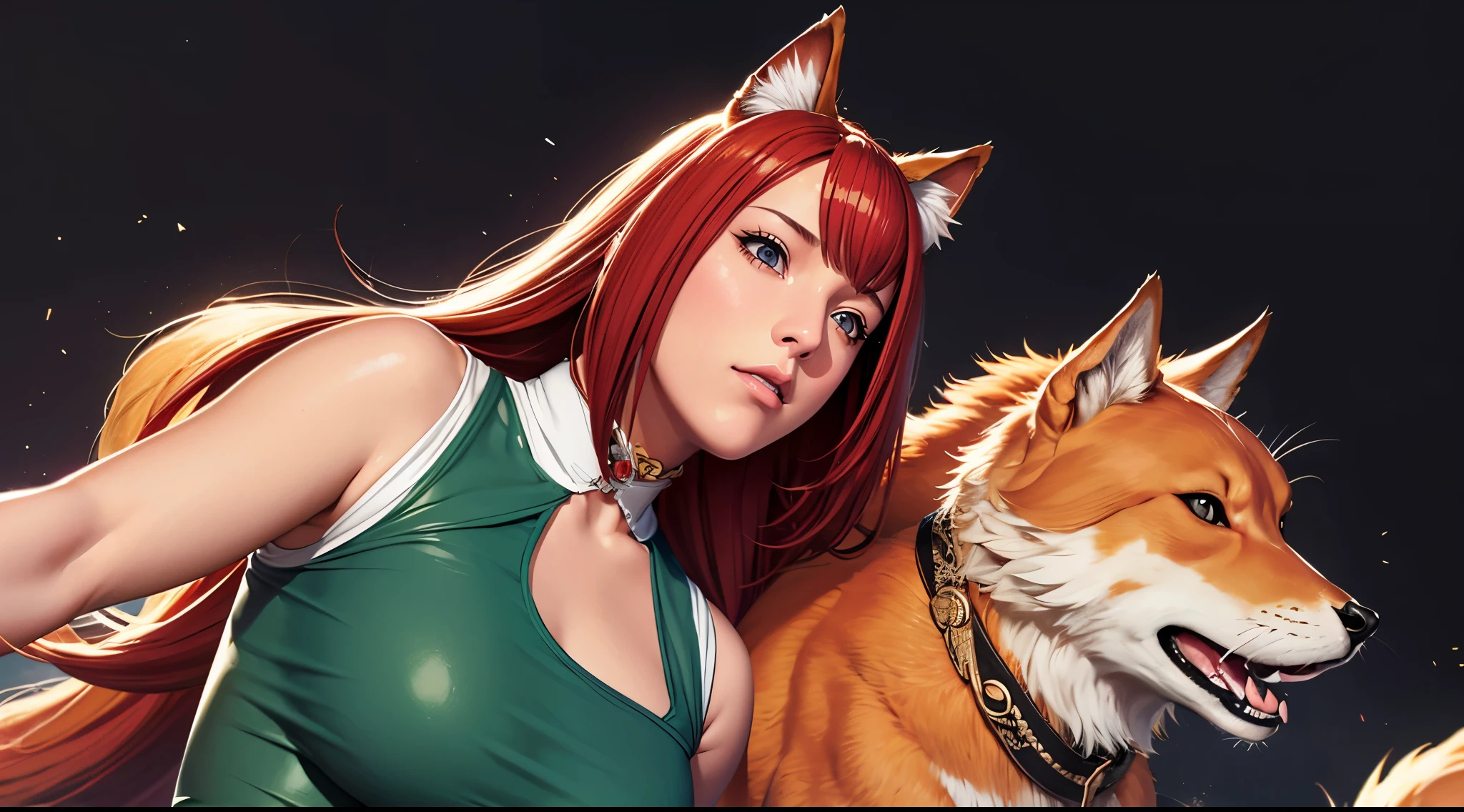 （（（完美figure，figure，（（（A giant fox stands behind a woman，White skin，kurama,Pommeled Horse, abdominal muscles, red eyes, animal ears, body hair, colored sclera, fox ears, fox girl, fox tail, hairy, hairy female, fox, multiple tails, muscular, navel, orange fur, permanent, tail, tone, （（（shirt, dress, short sleeves, apron, bracelet, green apron, collar,））），））），（（（kushina, long hair, hair ornament, red hair, hairclip, (grey eyes:1.5), ））），((masterpiece)),high resolution, ((Best quality at best))，masterpiece，quality，Best quality，（（（ Exquisite facial features，Looking at the audience,There is light in the eyes，(（（Pain, patience, biting lips））)，））），型figure:1.7））），（（（Light and shadow，Huge breasts））），（（（Looking at the camera， fellatio, huge breasts, huge penis, pose under_covers）））