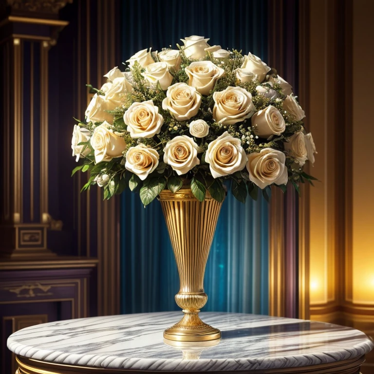 Masterpiece,highest quality,there are 12 white roses in a marble and jewel studded gold vase, Beautiful ring, Sparkling gemstones, Ultra detailed,(No Man),Ring in the shape of a rose,starry sky,Wrapped around the end from beginning to end,Delicate gold ring,Starry sky in the ring, The sheen,inverted image,Sparkling gemstones,Elegant and noble,simple background, (masterpiece, best quality:1.2), sun on a pedestal. in keywest at sunset, on a beach, oranges on a white marble table, mist in background, 8k, photography style,a clear glass jewel studded vase with orange bioluminescent fluid in them, on a white marble table, jewels of red rubies and emeralds on the table, deep purple velvet drapes, bioluminescent, colorfull, glow, fluid, glowing, Appetizing, professional, culinary, high-resolution, commercial, highly detailed,neon hue, full of color, there are 12 white roses in a marble and gold vase, sun lite background, radiant sunlight, 8k
