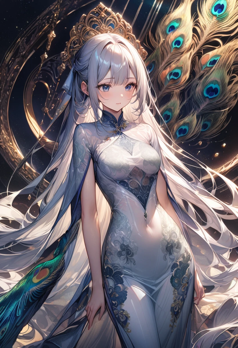A girl in Ao Dai is made of thin silk or cotton fabric., has a long and tight white style, which is very detailed., The peacock pattern in front of the shirt is very detailed, girl stands in a magnificent space with many details