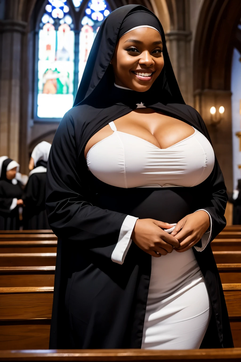 two black women、smile、Nuns、Huge breasts、Voluptuous body、Monastic uniform、Snuggle up、inside the church