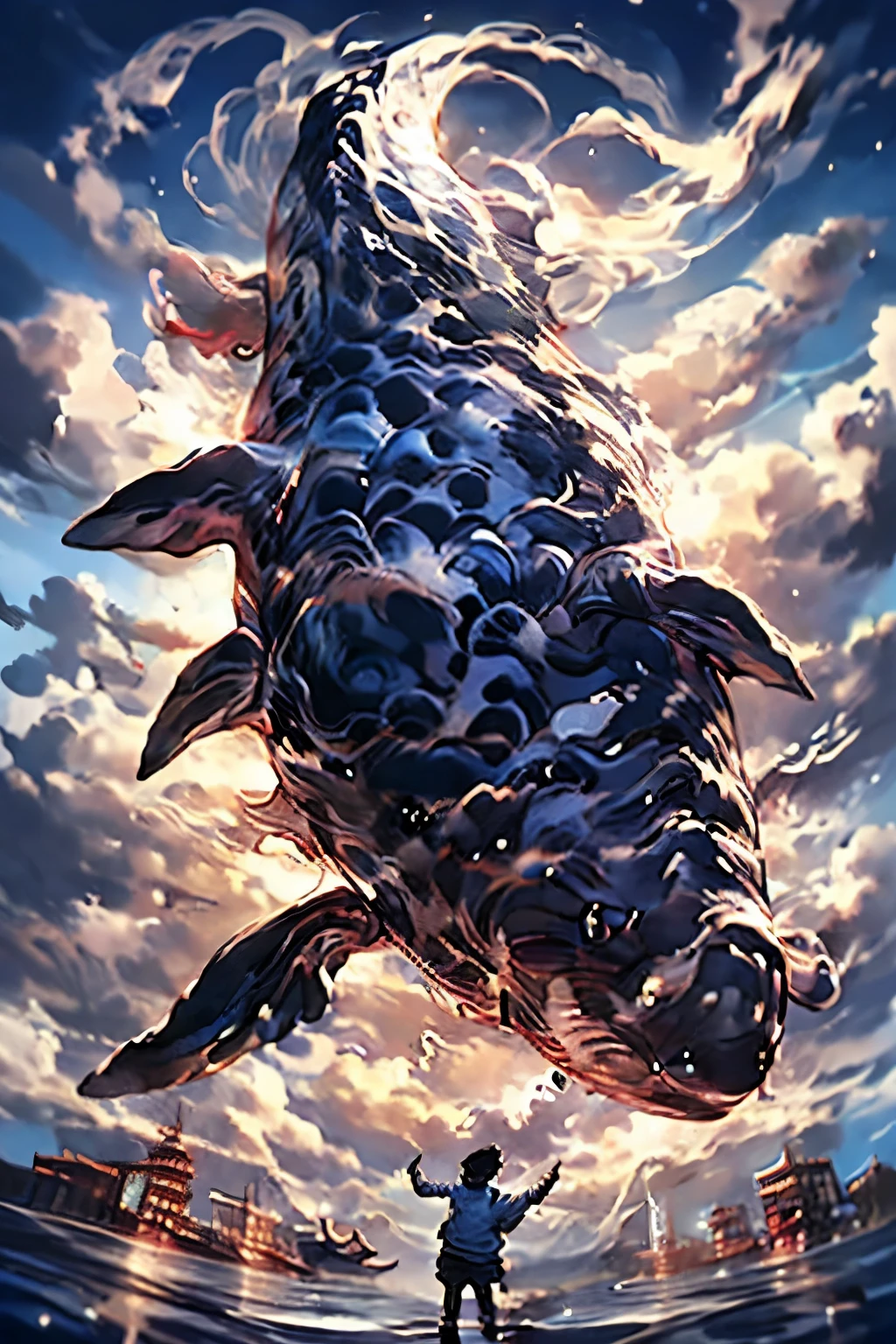 Handsome little human boy，Primary school students，Eyes of gold and fire，Below is the back of a giant whale，Only the back of the giant whale appears, no other parts appear，Close-up of boy，Fisheye lens，lens with tension，The main subject of the picture is a boy
