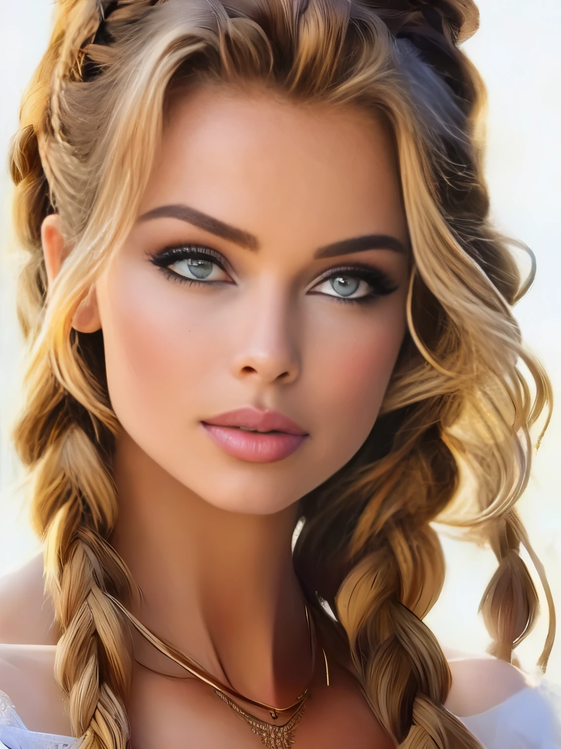 1girl, belviso, grey eyes, white hair, ocean background, lips, long hair, looking at viewer, parted lips, portrait, realistic, solo, many braids, medium breast, necklace, jewelry, masterpiece,high quality, 8k, hires, perfect eyes, perfect face, perfect body, perfect curves, high detailed
