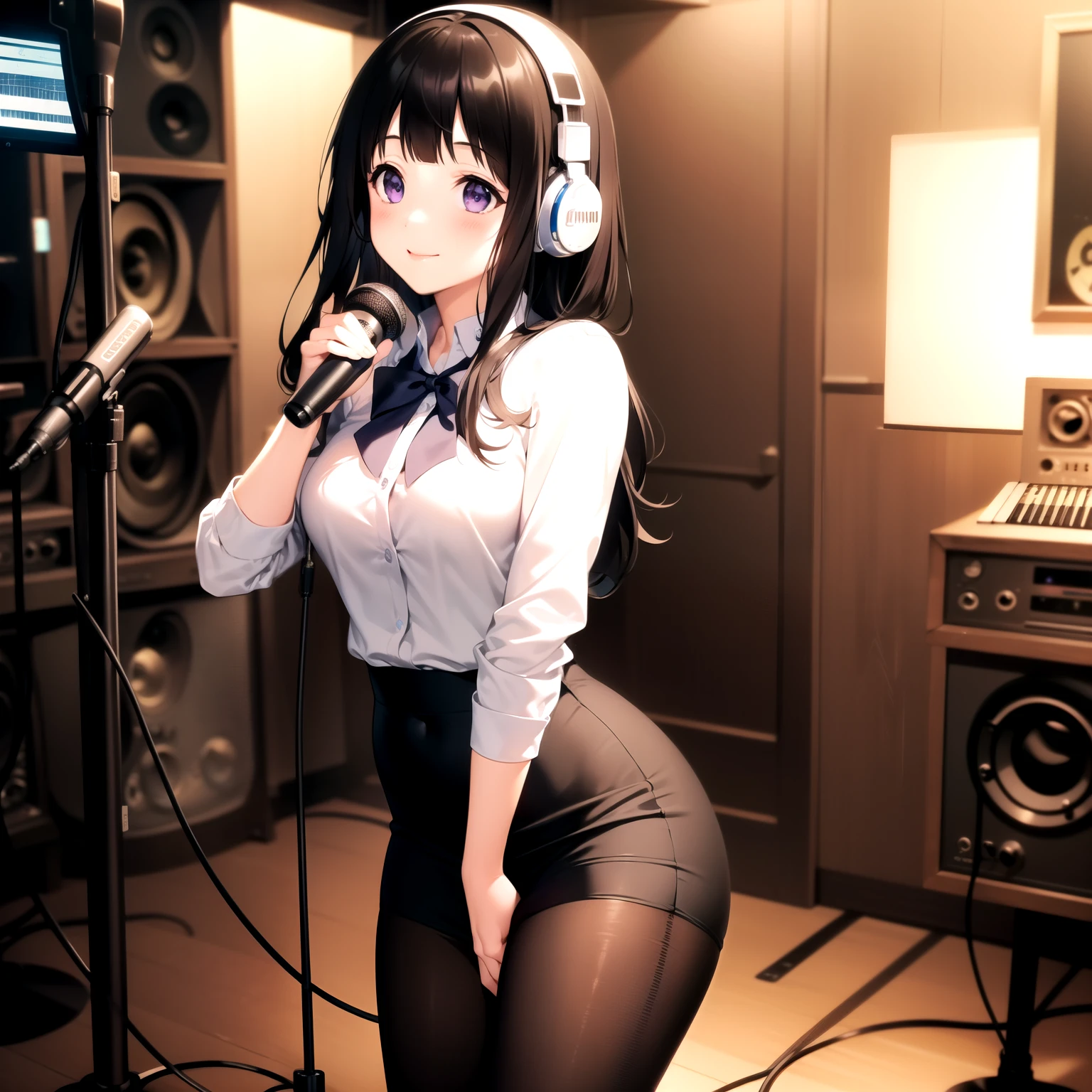 (A superb exquisite Chitanda Eru), (mature face), intricate details, (finely detailed beautiful eyes: 1.2), purple eyes, long black hair, natural straight hair, straight bangs, solo, [Small_breasts: large_breasts: 0.5], extremely delicate, peerless beautiful girl, dreamy quality, solid color, bright lips, slender waist, straight curves, soft lights and shadows, super fine, 8K HD, (masterpiece:1.4), (((timid smile, recording studio, with headphones on, singing, skirt, collant)))