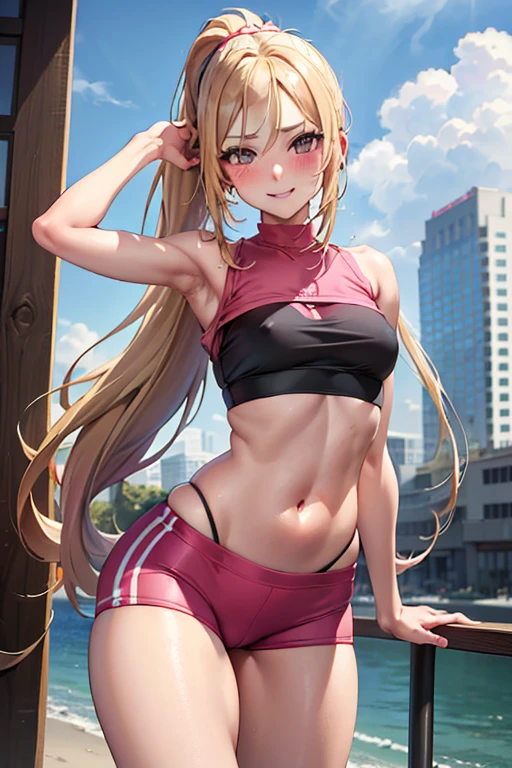 (best quality:1.1), (masterpiece:1.4), (absurdres:1.0),  
1girl, long_hair, very long hair, blonde hair, ponytail, (flat chest), looking at viewer, outdoors, (blush:1.2), city, smile, young, slutty girl, nice hips, wearing tight bike-shorts, midriff, (wearing very tight crop top), bulging nipples, pink clothes,