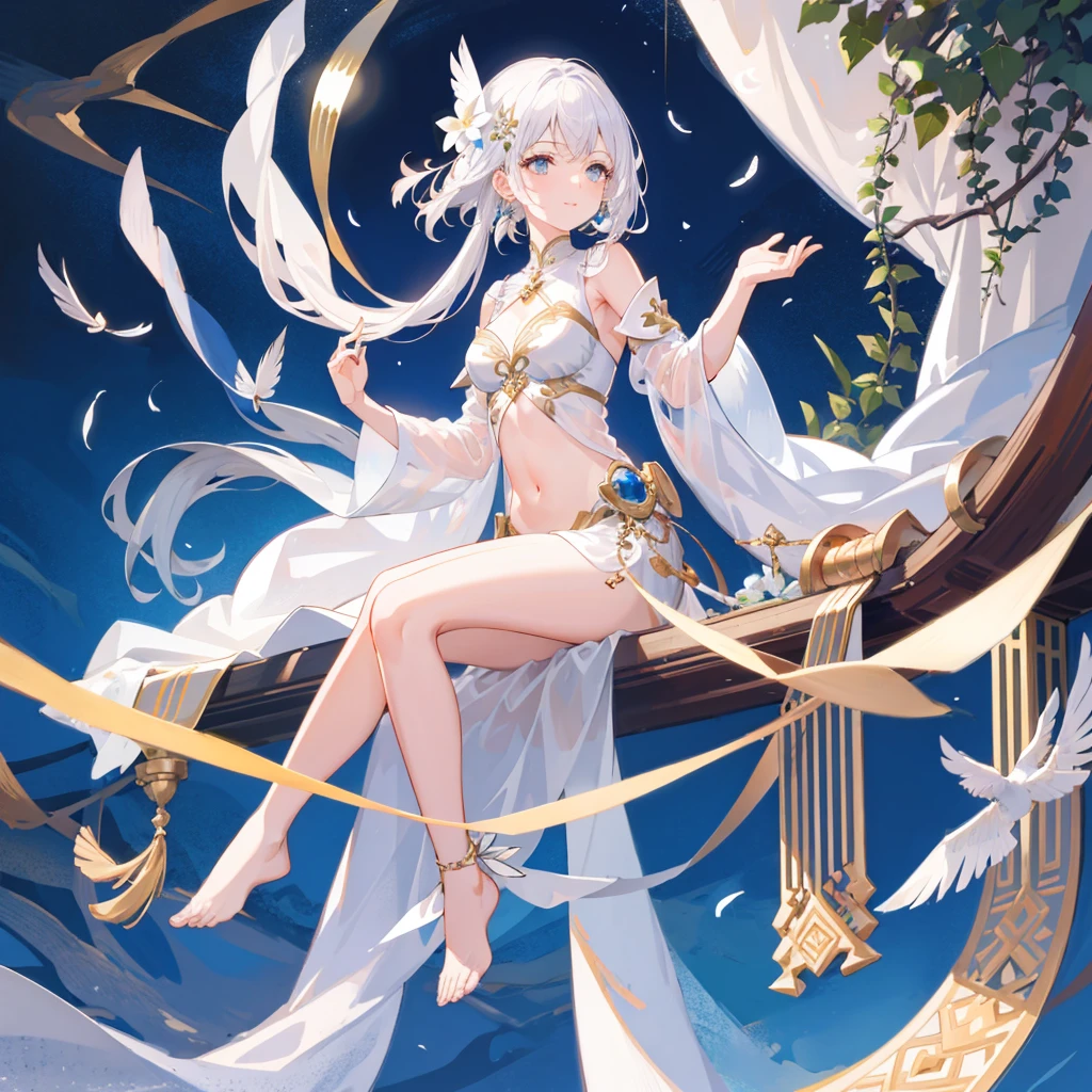 (masterpiece), (best quality), simple background,sitting,1girl,shiny hair,white hair,feather hair ornament, white cloak, ((see-through)),navel,light smile,plant, flower, full_moon,