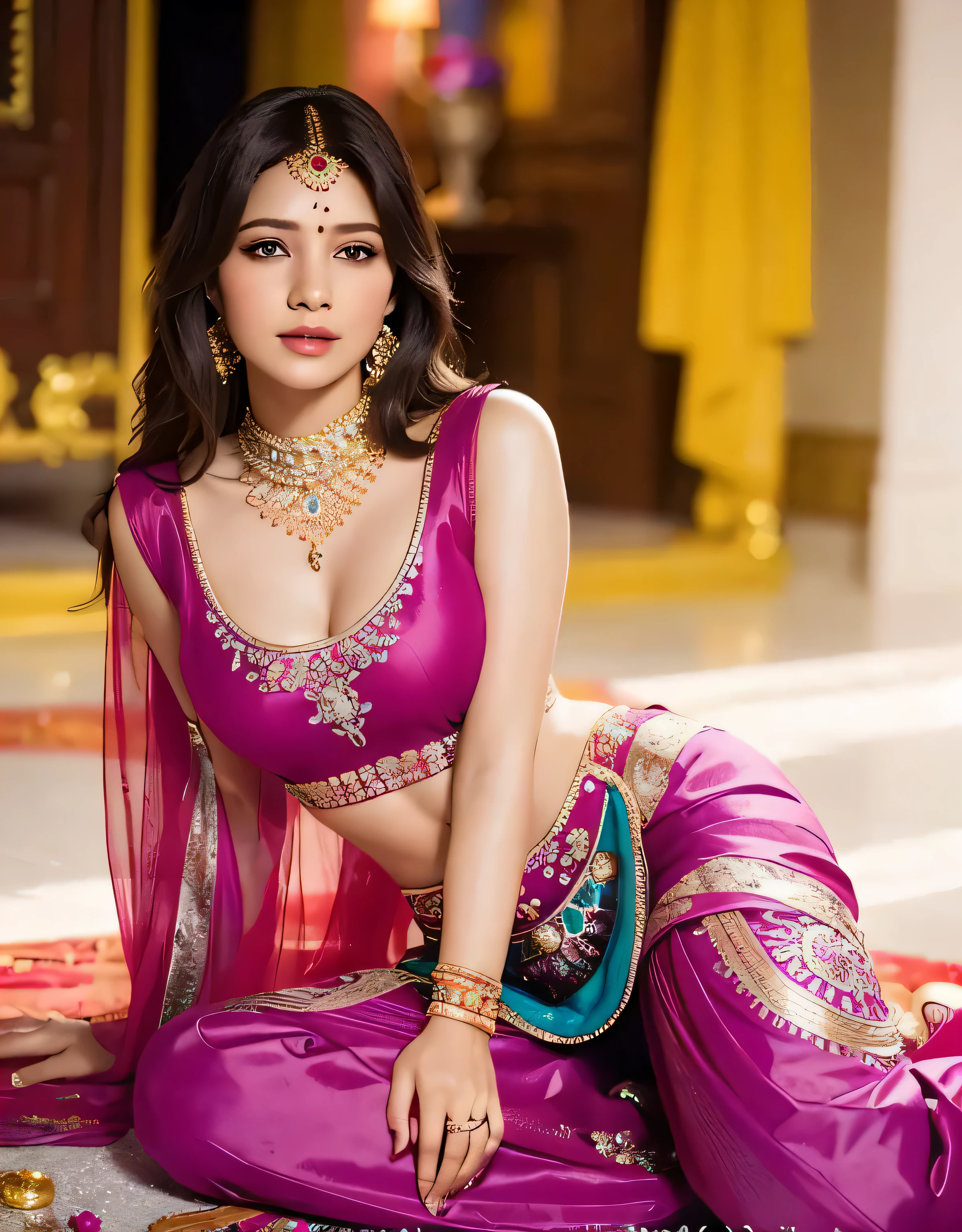 A mesmerizing vision of Indian femininity, dressed in vibrant colors and ornate jewelry, her sensual presence captured in a stunning rendering.photoreal epic realism hyper realistic