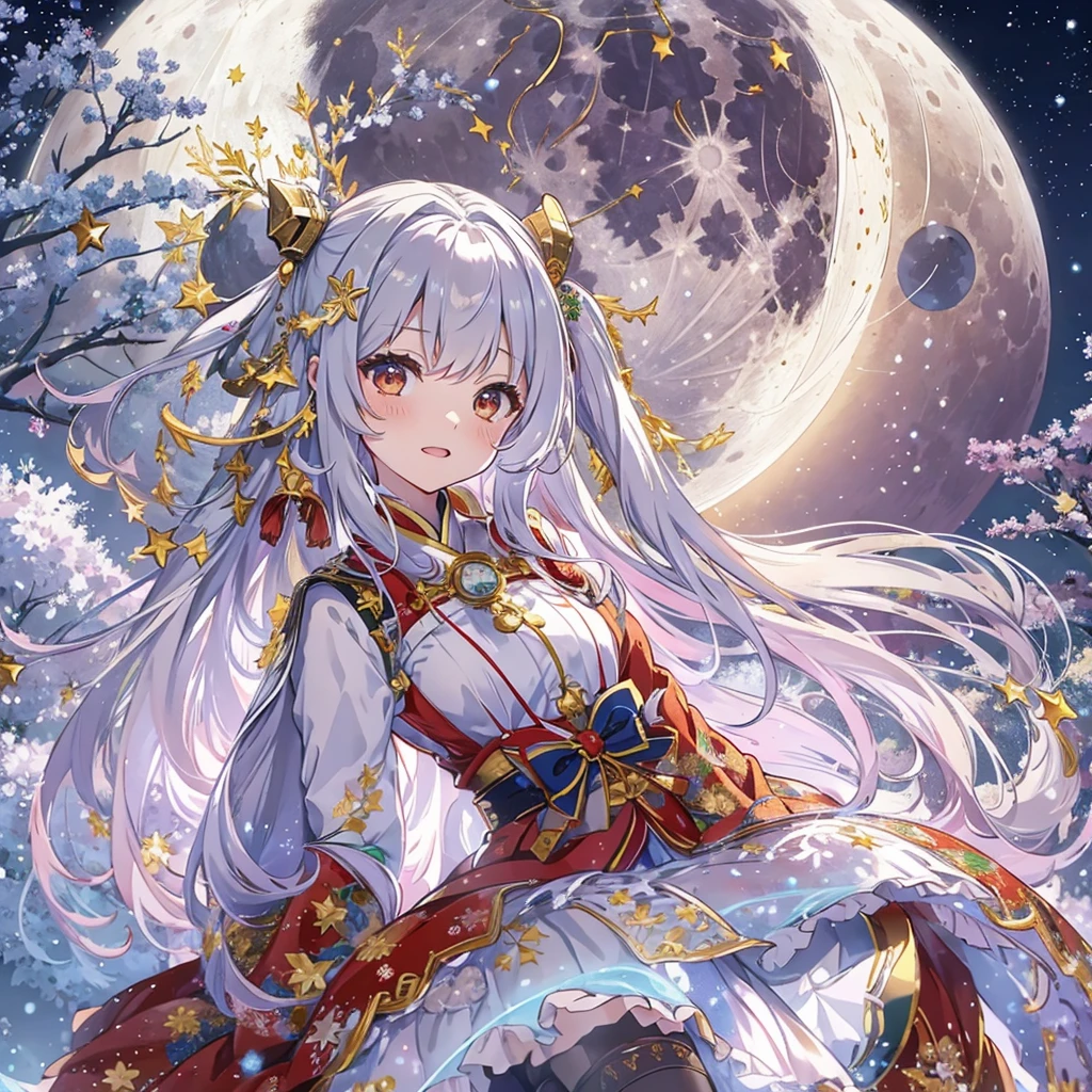 1 Girl、(((Golden Full Moon)))、super high quality、Super detailed、Super beautiful、Ultra-fine、highest quality、Mastepiece、(Fractal Art:1.3)、Christmas、Gray Hair、universe、Milky Way、Aurora、Fly through the skies with Santa Claus on a sleigh、Red and white gothic  kimono、White long boots、Look at the audience、Focus on people,額縁Christmasリース、