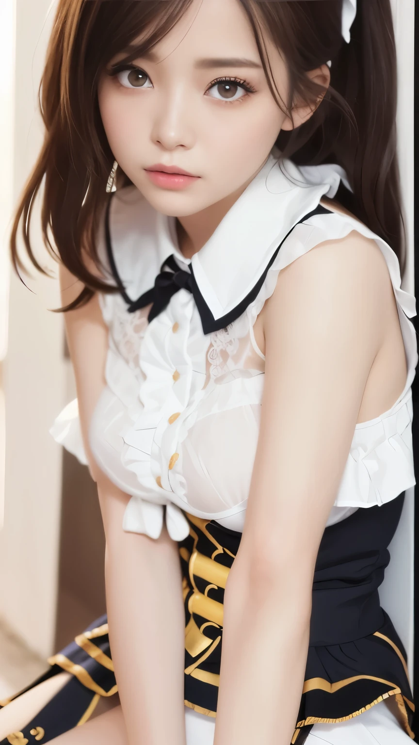 Canon RF85mmf/1.2,masterpiece,Highest quality,Ultra-high resolution,1 girl,(Korean Mix,K-POPアイドル:1.2),alone,Brown Hair、Fluffy hairstyle、Pretty face,white_Shiny_skin,Iris,Super sexy woman, double eyelid, Amorous expressions, Obscene expressions, , ライトブラウンのShiny流れるようなレイヤードストレートヘア, Shiny,pore,skin大きな胸,Sailor suit、uniform、Pleated skirt,mini skirt,Cosplay,Black knee-high socks, Perfect proportions, thin,eyelash,bangs,, Bedroom, Professional Lighting、((Spread your legs and show me your panties))、The color of the panties is pink
