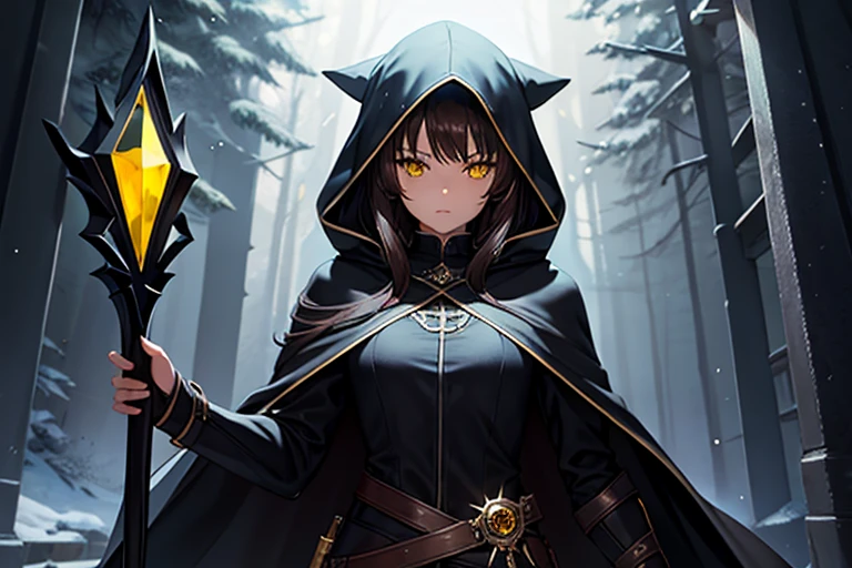 Female, dark brown hair, yellow eyes, black cloak, black hood, silver staff, yellow crystal, dark forest