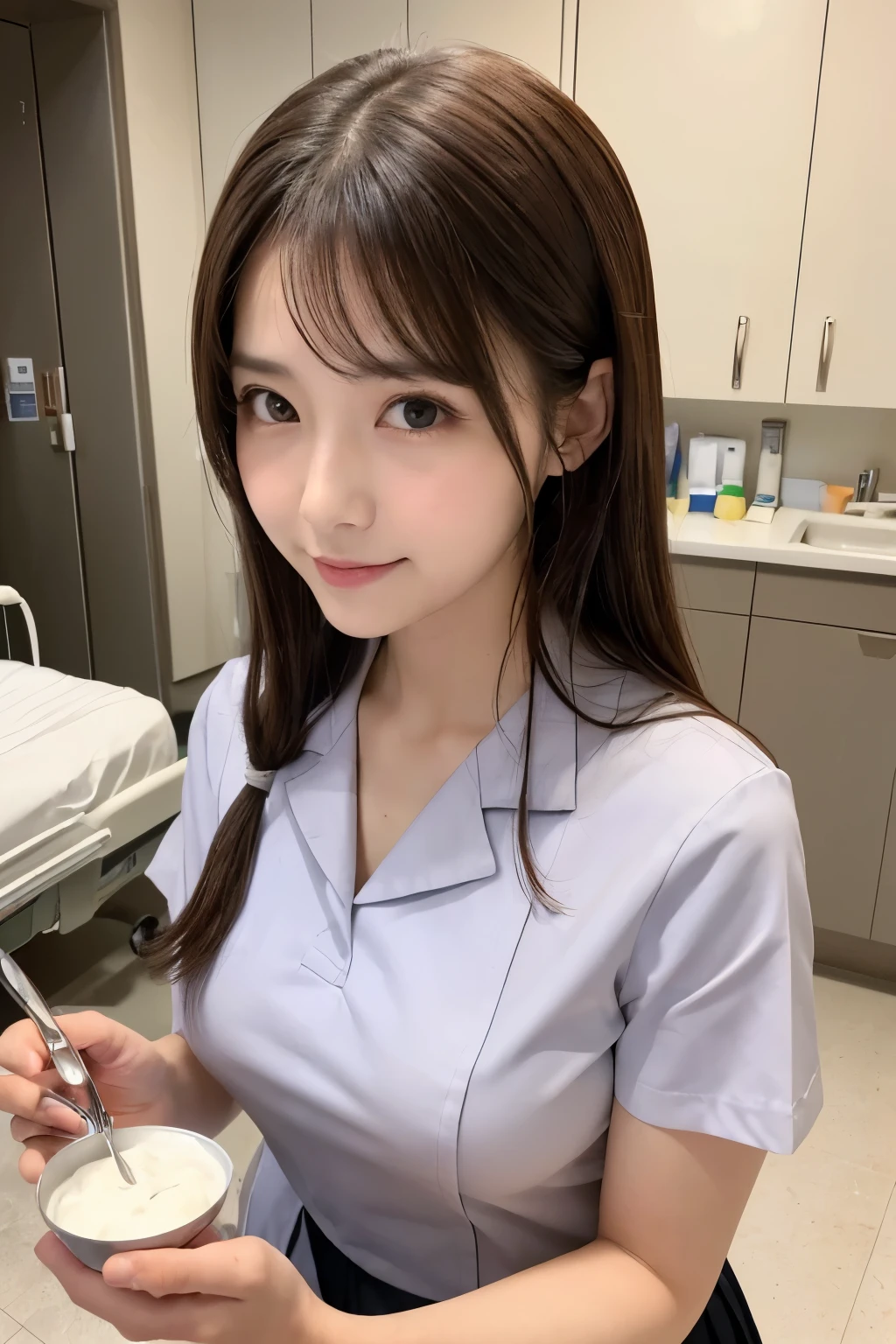 (１girl)、(Japanese、27 years old、Refreshing、clear、seems kind、stylish、(narrow eyes)、Pitiful、cute like an angel、cute、black eyes、Idol,actress,）, Good style and slenderness, (Beautiful big breasts:0.7),(soft breasts),(very cute),(brown hair),,（tendrils）,(medium long hair),(enchanting eyes),(highlight on eyes:1.2)、(8K、Live shooting、highest quality、masterpiece:1.2、optimal lighting)、((masterpiece)),(Photo taken by a professional photographer),(real、photo real:1.4),break,{ (white nurse costume),(((taraditional nurse uniform))),(white nurse mini skirt),(( pantyhose)),(cleavage:0.7)},(Smile1.0),(cheeks are red:1.2)、,((He is holding a stainless steel spoon with a small amount of hospital food on it.))、Face close-up:1.3,Looking at viewer break, break,Hospital room,Hospital bed,