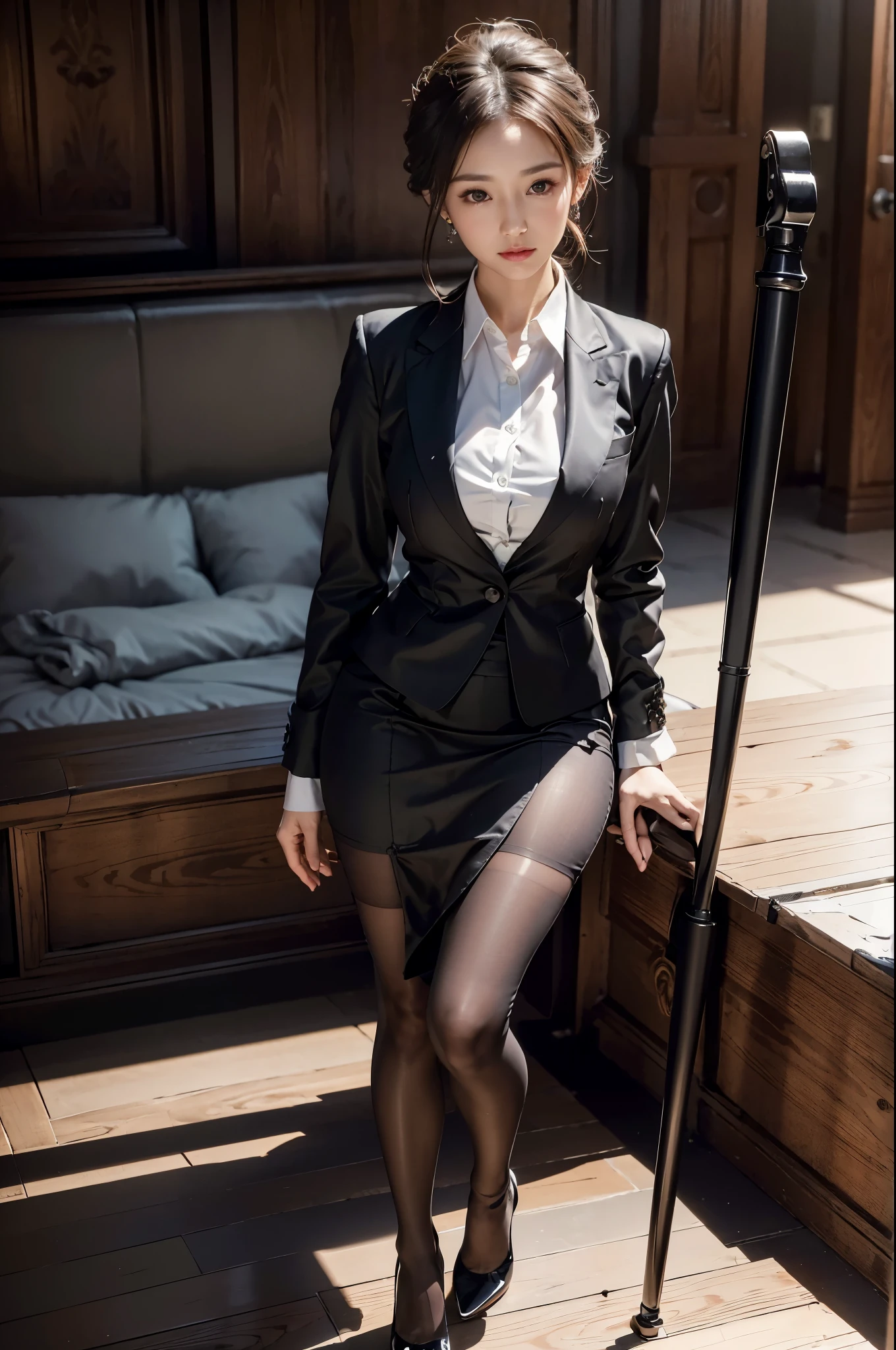 Elegant upper-class elite secretary in a business shirt, Working in the office、Wearing a serious suit, Wear pantyhose、Wear high-end heels、 Girl in shirt, Wearing a suit, Wearing a suit, Wearing a suit, Business Woman, Business Clothing, Wearing a black suit, Wear a shirt and skirt, Woman wearing a suit, business attire, Business Attire, original photo, (8k、Top quality、masterpiece:1.2)、(Intricate details:1.4)、(Photorealistic:1.4)、Octane Rendering、Complex 3D rendering with ultra-details, Studio soft light, Rim Light, Vivid details, Super Detail, Realistic skin texture, Facial details, Beautiful eye details, Highly detailed CG Unity 16k wallpaper, cosmetic, (Detailed background:1.2), Show your thighs!!!,