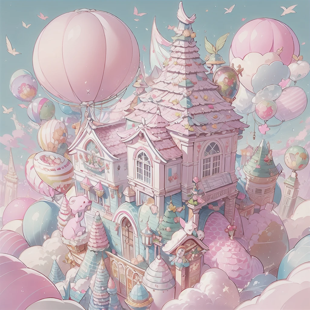 pastel colour、Pink and white candy house、Cute  on top of a dragon、Flying in the sky、