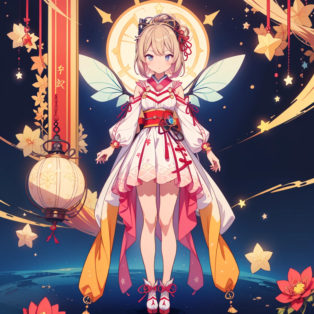 1girl、vtuber-fullbody、Star Fairy、Masterpiece、Official Art、Super detailed、super beautiful、かわいいStar Fairy、white straight short hair、Milky Way、universe、star charm、Star、Baby Face、Knee-high boots、Japanese pattern dress、着物をリメイクしたOiranフリルゴス**、universeを表現したMilky Way柄Oiranフリルドレス、Oiran