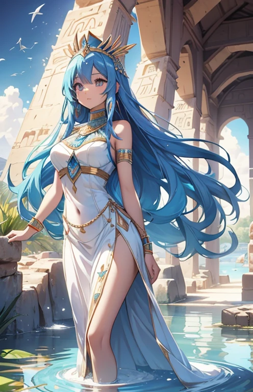 best qualityer,tmasterpiece,Ultimate resolution,downy,Extremely colorful,Colorful,Oasis background,Ancient Egyptian woman,Long azure hair,a matural female,Long white dress in Egyptian style,a white long skirt,Treading water,Desert oasis,Nile River,Normal posture