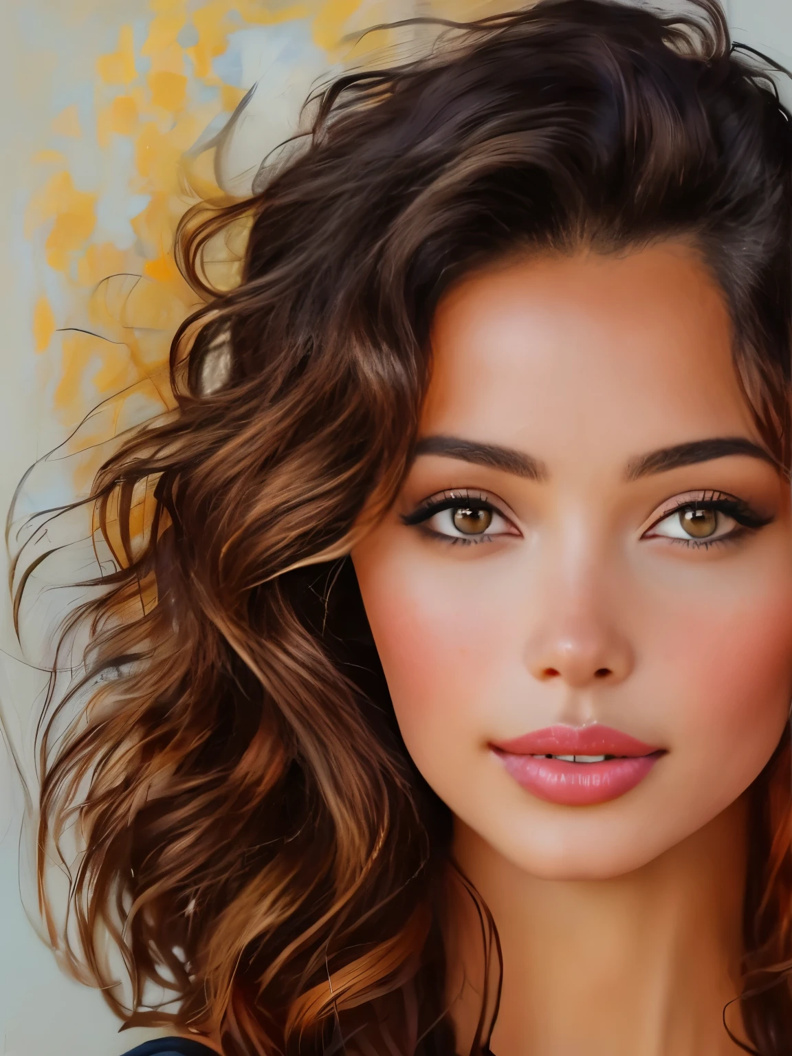 A girl with beautiful brown eyes and black wavy hair, wearing belviso style, is the main subject in this portrait. She has a warm smile on her lips and freckles on her face, giving her a youthful and charming appearance. The artwork aims to be realistic and detailed, capturing every intricate feature of the girl's face. The focus is on her expressive eyes and lips, which are both extremely detailed and captivating. The girl is depicted alone, looking directly at the viewer, creating a sense of intimacy and connection. The overall image quality is of the highest standard, with a resolution of 4k or 8k, showcasing the artwork as a masterpiece. The lighting is carefully designed to highlight the girl's features and complement the composition. The color tone is vibrant and vivid, adding to the overall aesthetic appeal. This portrait combines elements of both classic and modern art styles, resulting in a captivating and memorable artwork.