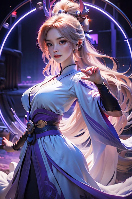 Elsa-Mulan Fusion, Fusionando modelos, derritiendo, Ropa Mulan, 1 chica, hermoso, personaje, mujer, femenino, (parte maestra:1.2), (mejor calidad:1.2), (solo:1.2), ((pose de pelea)), ((campo de batalla)), cinematographic, ojos perfectos, piel perfecta, Perfect lighting, smile, luz, cor, piel texturizada, detalle, Belleza, preguntarse, ultra detallado, cara perfecta