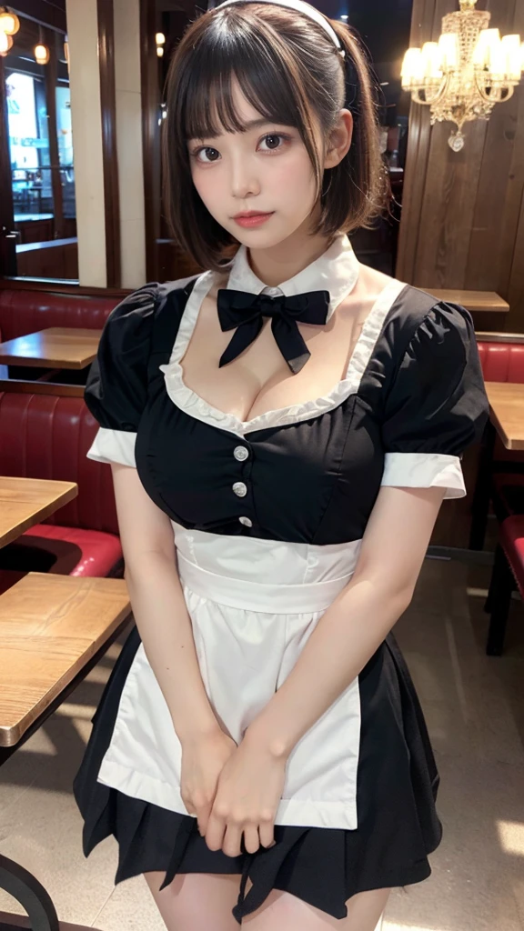muste piece, best quality, illustration, Super detailed, fine details, High resolution, 8K,wall paper, perfect dynamic composition,(Details High quality, realistic depiction of eyes:1.3), waitress uniform, restaurant, large breasts, short bob hair、black hair color, Big Natural Color Lip, bold sexy pose, crying a little、cold gaze, Harajuku style、20 year old girl、cute type、ta、beautiful legs, gravure idol, Voluptuous thighs