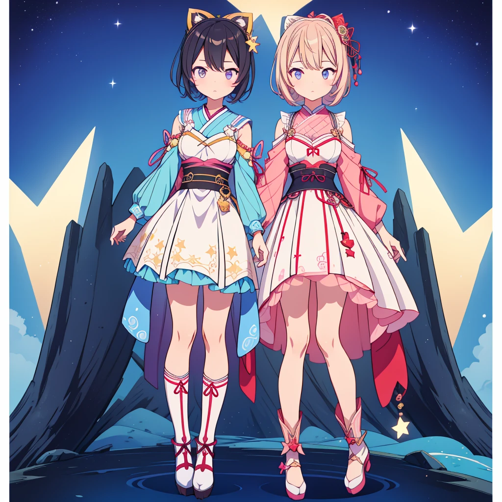 1girl、vtuber-fullbody、Star Fairy、Masterpiece、Official Art、Super detailed、super beautiful、かわいいStar Fairy、white straight short hair、Milky Way、universe、star charm、Star、Baby Face、Knee-high boots、Japanese pattern dress、着物をリメイクしたOiranフリルゴスロリ、universeを表現したMilky Way柄Oiranフリルドレス、Oiran