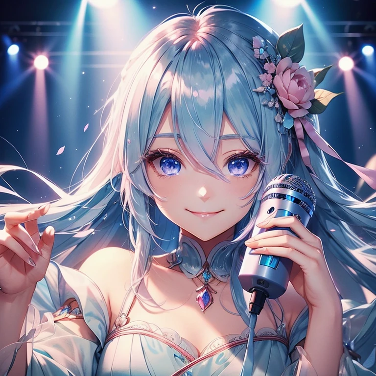 Light blue hair,Long Hair,Pink Eyes,Round eyes,Long eyelashes,gem,Diva,cute,smile,live,hold the microphone,Spotlight,petal