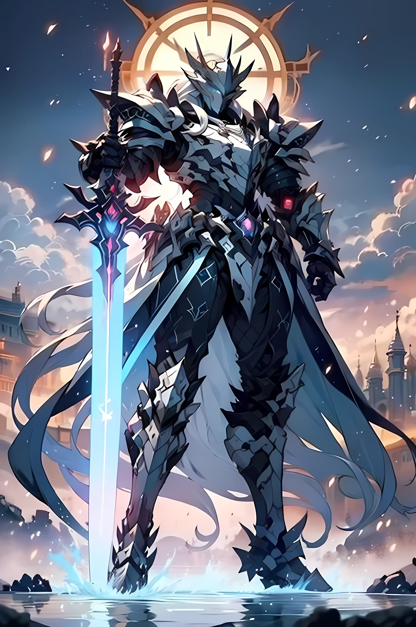 In the realm of high-definition fantasy anime, where imagination and creativity intertwine, the enchanting image of a white wolf warrior unfolds. This noble figure, imbued with an aura of bravery and grace, stands proudly with a large sword in hand. The ornamented weapon, adorned with intricate bright engravings, shines brilliantly against the backdrop of a mystical landscape. The warrior's heavy armor, intricately detailed and embellished with daunting chains, reveals his fierce and resilient spirit. The pose of the wolf warrior exudes confidence and determination, as he prepares to defend the wonders of his fantasy world against the forces of darkness.