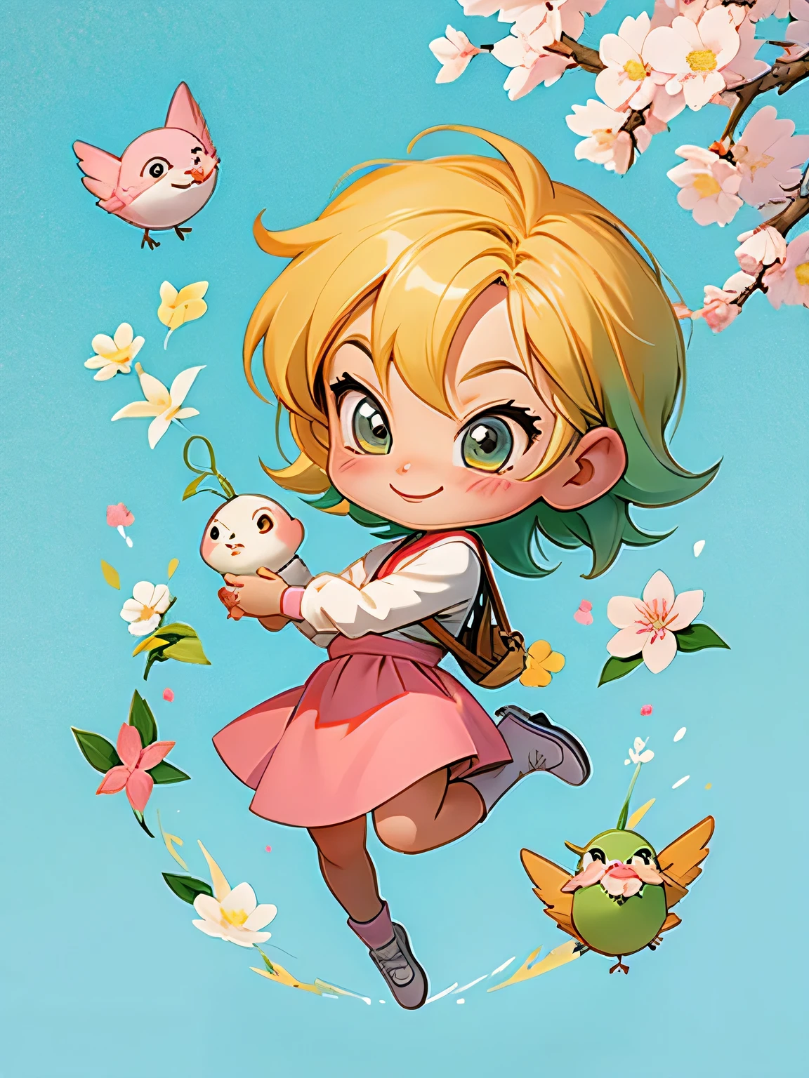 akira toriyama style, Kawaii Design, Chibi, beautiful spring afternoon、birdie