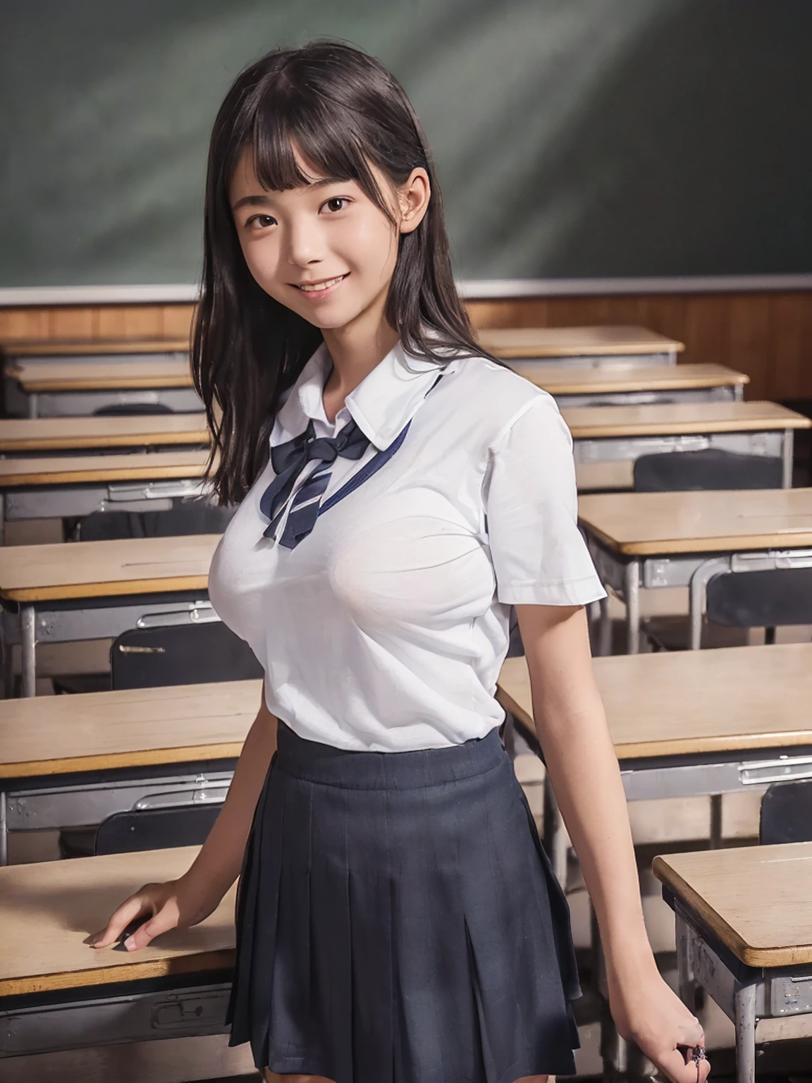 (8K,RAW Photos,highest quality,masterpiece:1.5),(Watching the audience:1.5),smile,Black Hair,(live-action:1.5),(Realistic expression:1.5),( girls:1.5),(School uniform:1.5),(The background is an empty classroom:1.5),(Young face:1.4),(Big Breasts:1.5),Showing beautiful teeth,Making a peace sign