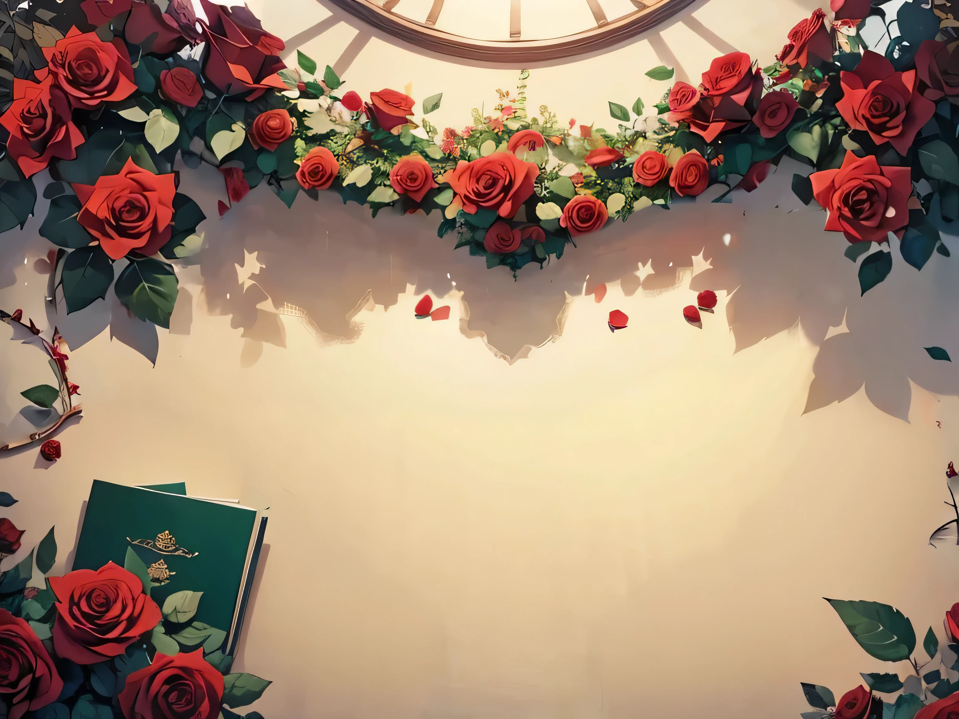 Background picture. The center is empty, drawing around. Pretend, like there's a frame around. Basis -- books, Roses and thorns. beige background color, green rose thorns, Burgundy rose flowers, elegance, (((without people))). Roses and thorns only along the borders of the picture. Inside - empty background