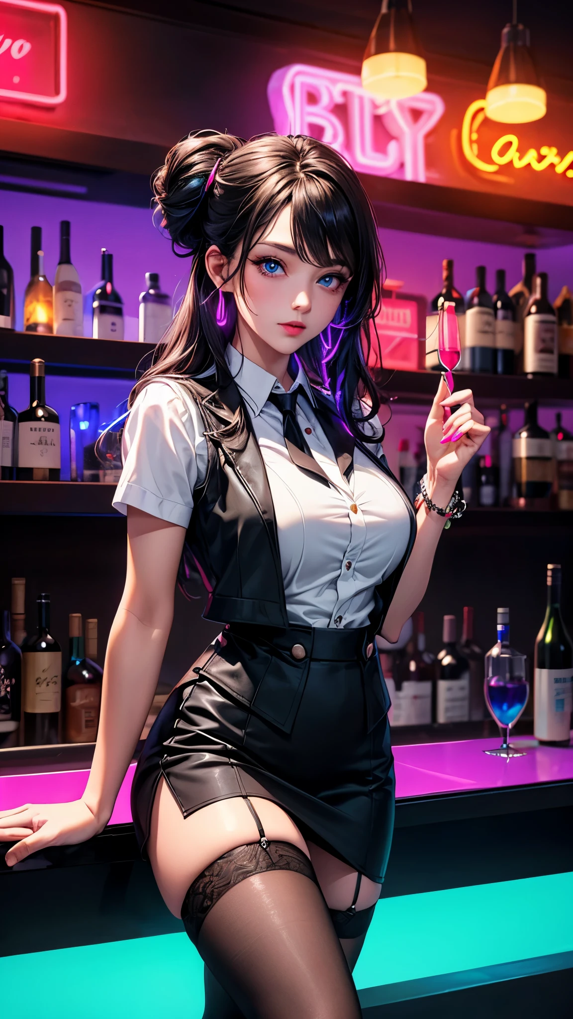 a lady, permanent, bartender, ((Black vest with white shirt) black tie), (black skirt with black lace stockings high heels), Stylish clothing, adult, Sexy, black hair, very long wavy hair, half updo half up half down, shine blue eyes, long upper eyelashes, most detailed eyes, light makeup, seductive expression eyes, (seductive smile:0.8), (Masterpiece best quality:1.2) Exquisite illustrations and super detailed, Medium breast, detailed face, high quality hair, super detailed finger, BREAK, ((Colorful neon lights:1.37) hang on the wall), (Neon tube:1.37), glowing, rest, (Fashion bar:1.2), indoors, ((cocktail glass) Filled with colorful wine), (The room is dimly lit), wine bottle, Art Deco, Detailed background, BREAK, Super textured skin, super detail face, perfect face, Super fine facial details, beautiful and delicate eyes, perfect eyes, correct limbs, (correct finger), super detail finger, best hair quality, best clothing quality, best prop quality, best backgroud detail and quality, anatomically correct, best quality, highres, award winning