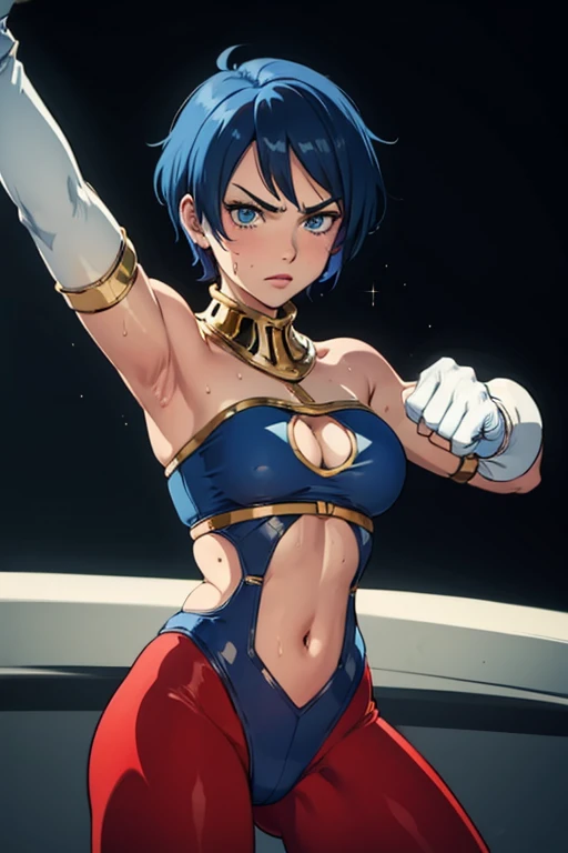 (best quality,masterpiece,ultra highres,cel anime,8k:1.2),(1man:1.5),1mature woman in(short blue haired,30years old), BREAK (ruins,dark:1.3),(abs:0.8), BREAK (blue leotard in red line:1.3), BREAK (red yoga pants:1.3), BREAK (white gloves:1.3), BREAK (navel cutout:1.5),(sweat:1.2),(sholder bare), BREAK (selious,scowl:1.2),(fighting stance:1.2),(punching,rushpunch:1.4),