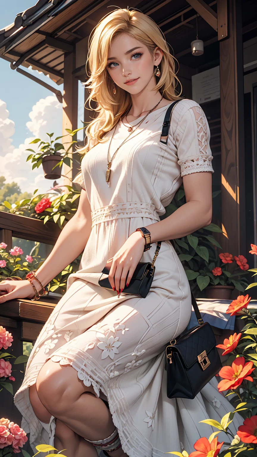 ((最high quality, 8K, masterpiece: 1.3, Ultra HD, high quality, 最high quality, High resolution, realism)) 、A 22-year-old extremely beautiful white woman、Hair color blonde、blue eyeedium Hair、Straight Hair、smile、Slender but well-proportioned, slim and muscular body、Athlete-like body type、I want my head to stay off screen、Wearing accessories on the wrist、Put an anklet on your ankle、Wearing red nail polish、I have a peticure、I'm in a garden with a flowering hedge、Knit dress((knit dress))wear、I'm wearing high heels、Carry a handbag over one's shoulder、smile、Low - Angle、Blue sky beautiful