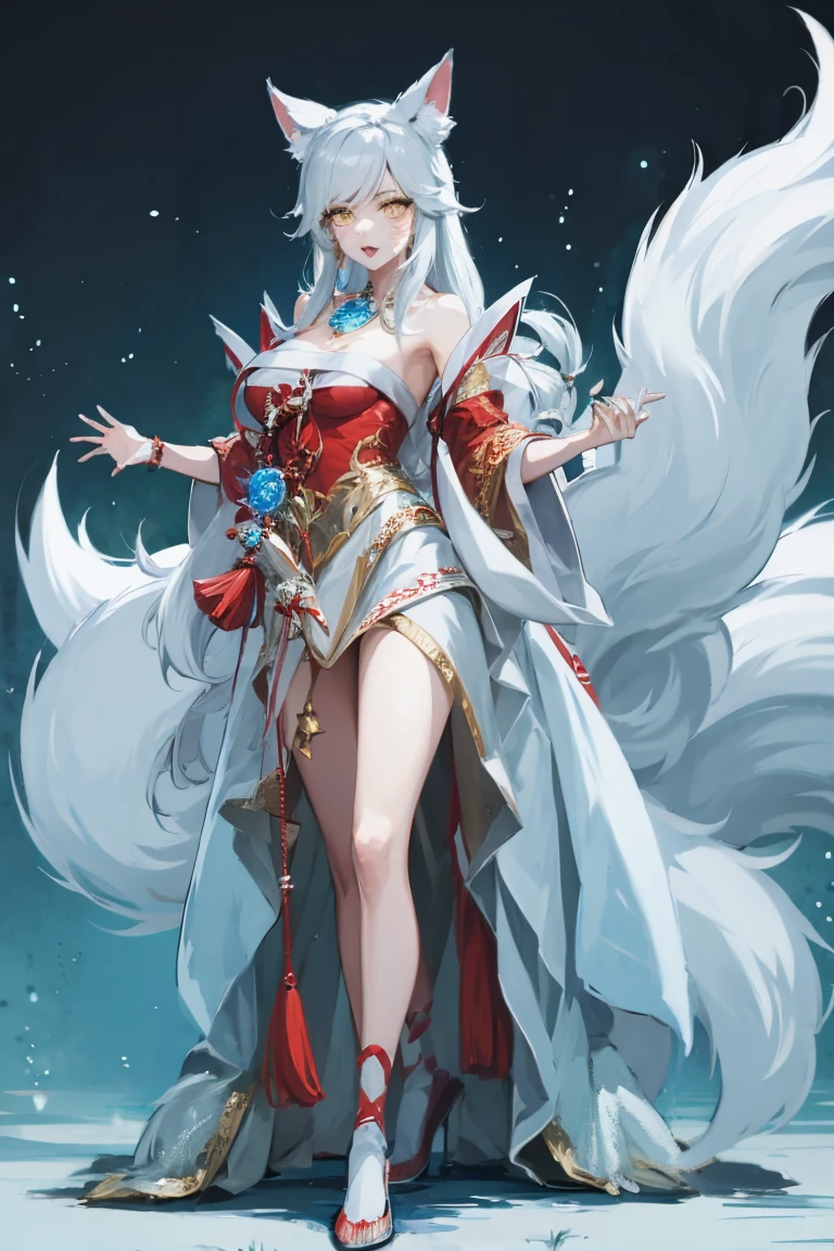 1 plump girl, Full body standing painting, solo, fox ear, fox tails, Gorgeous white dress, Ali, Civet League of Legends,