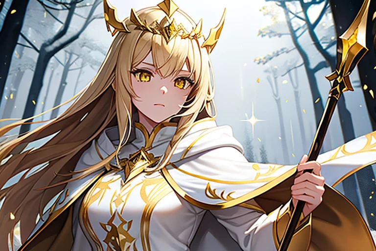 Female, dark blonde hair, yellow eyes, white and gold cloak, white and gold hood, gold staff, yellow crystal, dark forest